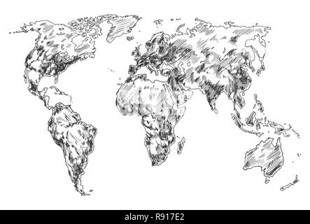 Esquisse de la carte du monde de la Terre. Hand drawn continents Illustration de Vecteur