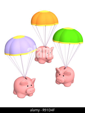 Piggy Banks, voyageant sur les parachutes. Plus de objets white Banque D'Images
