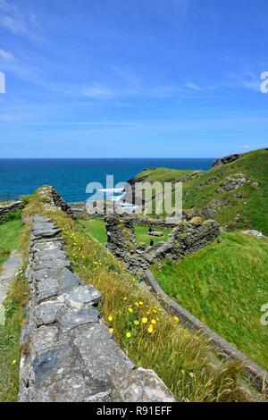 Sur le mur de château château de Tintagel, vers la péninsule de l'île Cornwall, Angleterre,,UK Banque D'Images