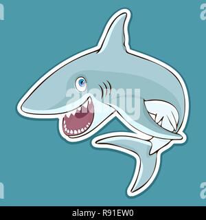 Funny Cute requin poisson saute hors de l'eau, élément de design autocollant coloré, dessin à la main, personnage, vector illustration, caricature, isola Illustration de Vecteur