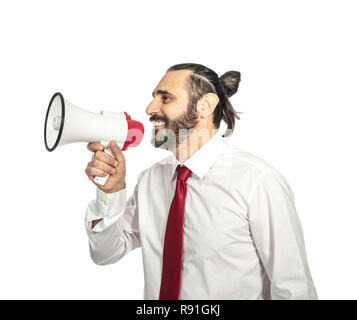 L'homme isolé avec mégaphone sur fond blanc Banque D'Images