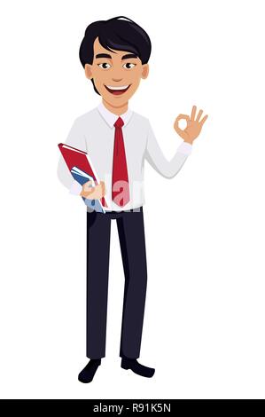 L'homme d'affaires asiatiques, notion de personnage dans office vêtements de style. Handsome businessman contient des documents et montre ok signe. Vector illustration Illustration de Vecteur