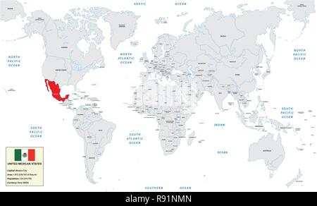 Carte du monde avec les États-Unis du Mexique, petite boîte d'informations et d'un drapeau Illustration de Vecteur