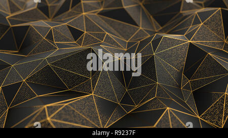 Poly-bas abstrait fond noir avec lignes d'or. Illustration 3D render Banque D'Images
