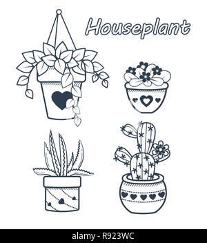 Vector set d'icônes de ligne de télévision moderne de cactus et succulentes, plante d'illustration en noir et blanc . Illustration de Vecteur