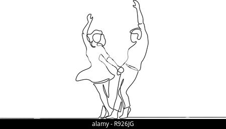 Dessin d'une ligne continue. Couple aimant la femme et l'homme danse. Vector illustration Illustration de Vecteur