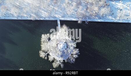 Lhasa, Chine, région autonome du Tibet. Dec 19, 2018. Photo aérienne montre la vue d'un parc couvert de neige à Lhassa, capitale du sud-ouest de la Chine, région autonome du Tibet, le 19 décembre 2018. Lhassa a été témoin de la première neige cet hiver le mardi. Credit : Purbu Zhaxi/Xinhua/Alamy Live News Banque D'Images