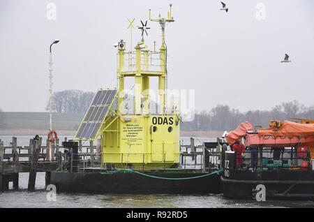 Wolgast, Allemagne. Dec 19, 2018. La bouée de mesure de l'Oderbank «» est amarrée à l'Hornwerft pour l'hiver. Depuis mai 1996, le poste de surveillance a fourni des informations sur le contenu de la "sortie" du pavillon de l'Oder dans la mer Baltique. La bouée appartient à la 'MARNETT' la surveillance de l'environnement réseau de l'agence fédérale maritime et hydrographique (BSH). Il est exploité par l'Institut Leibniz de recherche sur la mer Baltique Warnemünde (IOW). Credit : Stefan Sauer/dpa-Zentralbild/ZB/dpa/Alamy Live News Banque D'Images