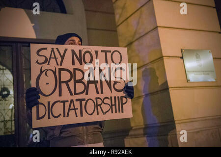 Varsovie, Mazowieckie, Pologne. Dec 19, 2018. Vu un manifestant tenant une pancarte disant dire non à la dictature de OrbÃ¡n pendant la manifestation.Les manifestants se sont rassemblés devant l'ambassade de Hongrie à Varsovie pour démontrer leur solidarité. Credit : Attila Husejnow SOPA/Images/ZUMA/Alamy Fil Live News Banque D'Images