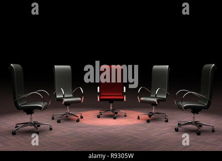 Le rendu 3D d'un groupe de chaises de bureau qui représentent les notions de leadership, de se démarquer de la foule, différent. Banque D'Images