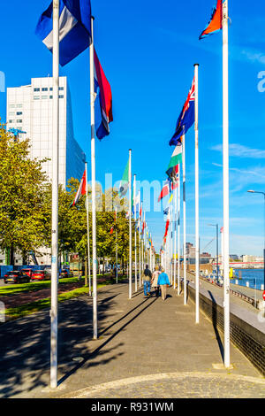 Drapeaux des pays européens le long du trottoir à l'Boompjeskade et le mémorial de Boeg à Rotterdam aux Pays-Bas Banque D'Images