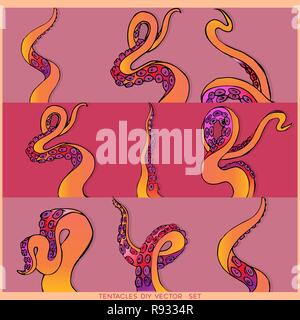 Jaune rose série de 9 tentacules d'une pieuvre, châssis mobile océan télévision cute cartoon illustration pour le web et print, jolie décoration. Illustration de Vecteur