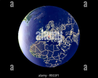 La Croatie à partir de l'espace sur le modèle de la planète Terre avec les lumières de la ville. Des détails très fins de la surface de la planète en plastique et les villes. 3D illustration. Éléments de Banque D'Images