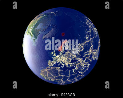 La Norvège à partir de l'espace sur le modèle de la planète Terre avec les lumières de la ville. Des détails très fins de la surface de la planète en plastique et les villes. 3D illustration. Éléments de t Banque D'Images