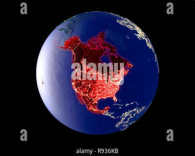 Membre de l'espace membres de l'ALENA sur le modèle de la planète Terre avec les lumières de la ville. Des détails très fins de la surface de la planète en plastique et les villes. 3D illustration. Banque D'Images