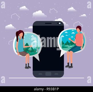 Smartphone avec couple assis à bulle Illustration de Vecteur