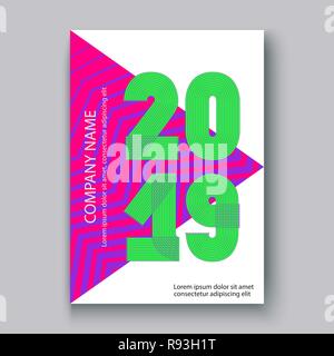 Rapport annuel 2019 chiffres de couverture, design moderne neon fond zigzag vertical, année 2019 en lignes fines rayures memphis, écrit avec style Illustration de Vecteur