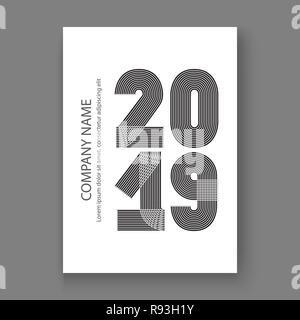 Rapport annuel 2019 chiffres de couverture, design moderne noir sur fond blanc vertical, année 2019 en lignes fines rayures minimaliste, écrit avec une plume, ve Illustration de Vecteur