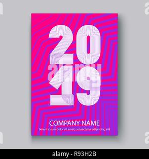 Rapport annuel 2019 chiffres de couverture, design moderne neon fond zigzag vertical, année 2019 en lignes fines rayures memphis, écrit avec style Illustration de Vecteur