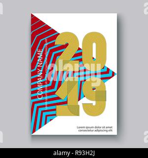 Rapport annuel 2019 chiffres de couverture, design moderne neon fond zigzag vertical, année 2019 en lignes fines rayures memphis, écrit avec style Illustration de Vecteur