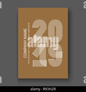 Rapport annuel 2019 chiffres de couverture, design moderne blanc sur marron craft papier fond vertical, année 2019 à la plume de fines lignes minimalistes à rayures, vector Illustration de Vecteur