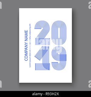 Rapport annuel 2019 chiffres de couverture, design moderne bleu sur fond blanc vertical, année 2019 en lignes fines rayures minimaliste, écrit avec une plume, vec Illustration de Vecteur