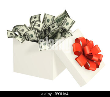 Cadeau ouvert et en dollars. Objets isolated over white Banque D'Images