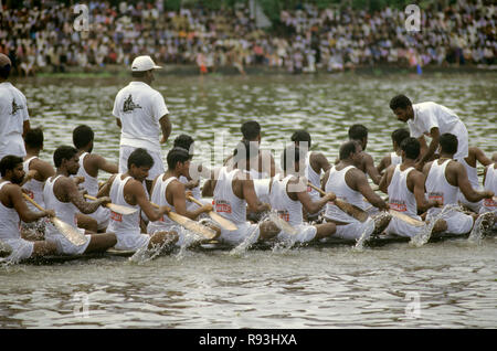 Les hommes participant à la course de bateau Nehru Festivals, l'ONAM Snake Boat Race, Alappuzha, Kerala, Inde Banque D'Images