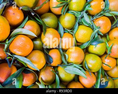 Close up photo d'un tas d'oranges avec les feuilles sur le marché Banque D'Images