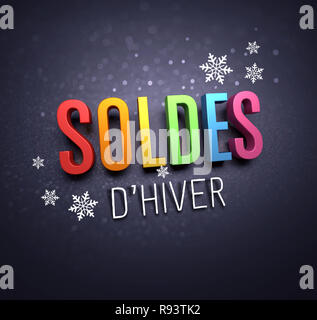 Vente d'hiver coloré écrit en langue française, avec des flocons de formes sur fond noir - 3D illustration Banque D'Images