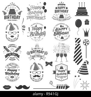 Ensemble de Joyeux Anniversaire modèles pour overlay, un insigne, un autocollant, carte avec bouquet de ballons, de fusées d'artifice, de cadeaux et de gâteaux d'anniversaire avec des bougies. Vecteur. Vintage design pour un anniversaire Illustration de Vecteur