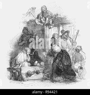 Une scène d'Hudibras, une polémique satirique écrit par Samuel Butler (1613 - 1680), poète et satiriste, principalement contre les Parliamenterians et les différentes factions impliquées dans la guerre civile anglaise de 1642-1651. Sir Hudibras et son écuyer, Ralpho qui ride de suite pour réformer ce qu'ils appellent les péchés et ce que le reste du monde considère comme amusement légère. Les stocks maintenus dans la , Sir Hudibras est visité par une veuve il a été courtisant, qui se plaint qu'il n'a pas vraiment l'aimer et il finit par en promettant de lui-même si elle flagellé le libère, une fois libre, il regrette cependant sa promesse Banque D'Images