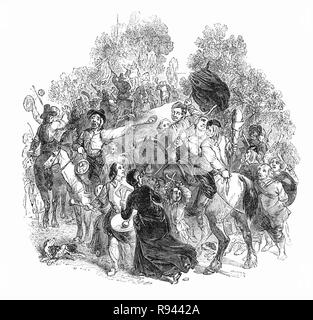 Une scène d'Hudibras, une polémique satirique écrit par Samuel Butler (1613 - 1680), poète et satiriste, principalement contre les Parliamenterians,Roundheads, puritains, les Presbytériens et d'autres factions impliquées dans la guerre civile de 1642-1651. L'épopée raconte l'histoire de Sir Hudibras et son écuyer, Ralpho qui ride avant à partir de la Croix de chevalier de la maison de réforme de ce qu'ils appellent les péchés et ce que le reste du monde considère comme amusement légère. Alors que dans les stocks, l'skimmington passe par une procession, où les femmes sont célébrées et les hommes faits insensés. Banque D'Images