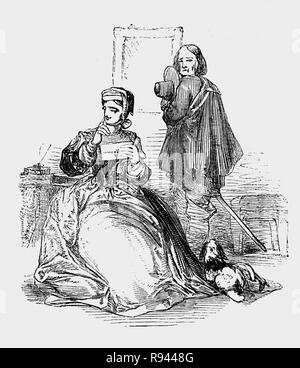 Une scène d'Hudibras, une polémique satirique écrit par Samuel Butler (1613 - 1680), poète et satiriste, principalement contre les Parliamenterians,Roundheads, puritains, les Presbytériens et d'autres factions impliquées dans la guerre civile de 1642-1651. Ralpho prend Sir Hudibras' lettre d'amour à la veuve qu'il a été si ardemment poursuivi. Banque D'Images