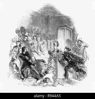 Une scène d'Hudibras, une polémique satirique écrit par Samuel Butler (1613 - 1680), poète et satiriste, principalement contre les Parliamenterians,Roundheads, puritains, les Presbytériens et d'autres factions impliquées dans la guerre civile de 1642-1651. Ici un corps d'Indépendants en conseil interrompue par un messager des renseignements sur l'état de l'opinion publique pour la restauration (du roi Charles II) Banque D'Images