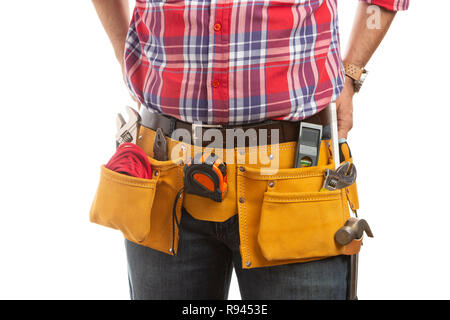 Close-up de constructeur ou d'un travailleur de la construction ceinture d'outils isolated on white background studio Banque D'Images