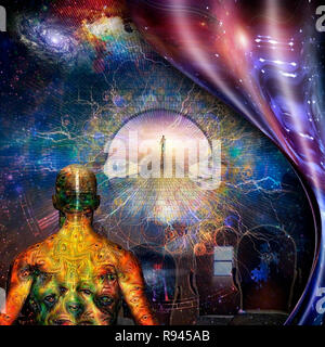 Le surréalisme. Différentes pensées dans la tête des hommes. L'homme avec les yeux démoniaques bizarre sur la peau. La figure de l'homme sur la route vers le ciel. Espace déformé. Banque D'Images