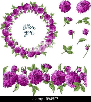 Ensemble d'éléments floraux violet dahlia isolé sur fond blanc, et une gerbe de fleurs, pinceau vector illustration Illustration de Vecteur