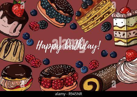 Joyeux anniversaire vector hand drawn bannière colorée avec des bonbons, gâteaux background illustration horizontale. Illustration de Vecteur