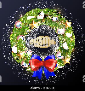 Joyeux Noël 2019 poster. Couronne de Noël avec des boules peintes dans le drapeau américain. Festive et lumineuse illustration. Illustration de Vecteur