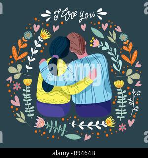 Je vous aime, couple d'amoureux et de l'abrégé des fleurs et des feuilles avec la main dessiner lettrage, télévision vector illustration Illustration de Vecteur