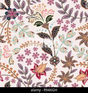 Fleurs abstrait motif floral transparent, vecteur d'arrière-plan. Fantasy fleurs multicolores dans des tons doux sur un fond gris. Pour la conception du tissu, papier peint, papier d'emballage, d'impression, la décoration Illustration de Vecteur