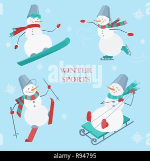 Set de bonhommes sur un fond bleu avec des flocons de neige. Sports d'hiver. Le snowboard, le patinage, le ski et la luge bonhomme de neige. Illustration de Vecteur