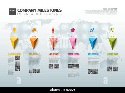 Infographie vecteur historique de la société de montage modèle avec des pointeurs sur une ligne et la carte du monde en arrière-plan Illustration de Vecteur