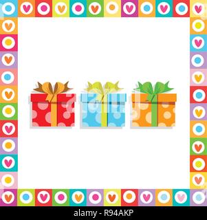 Mignon coloré festif cadeaux emballés à l'intérieur du coeur cadre sur fond blanc. Cartoon vector illustration, carte postale, carte de vœux pour un anniversaire, Illustration de Vecteur