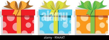 Vector illustration of cute cartoon Ensemble de cadeaux colorés emballés avec du ruban de fête isolé sur blanc. Présente, icônes, logo, weddi anniversaire Illustration de Vecteur