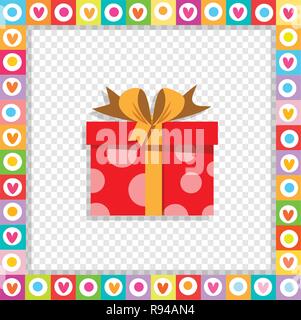 Vector illustration of cute cartoon red gift box enveloppé de ruban de fête encadrée avec coeur isolé à la frontière. L'icône actuelle, anniversaire, logo weddin Illustration de Vecteur