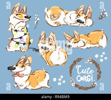 Corgi Cute Dog Puppy Jouer Vector Set. Funny Animal Fox Collection Caractère. Super Doggy Brown heureux isolé sur fond bleu télévision Cartoon Print Poster Illustration de Vecteur