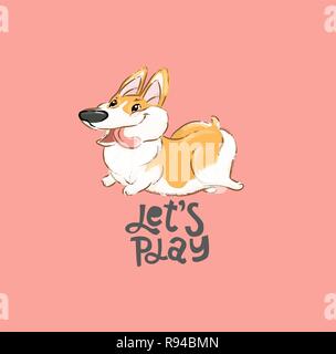 Heureux Caractère Chien Corgi Exécuter Vector Illustration. Drôle de petit chiot JOUER Animal, bouche ouverte, langue maternelle Spectacle Typographie Print Poster Design. Adorable animal impressionnant queue pelucheuse télévision Cartoon Sticker Illustration de Vecteur