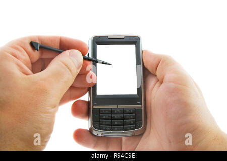 Smartphone dans les mains, blanc isolé Banque D'Images